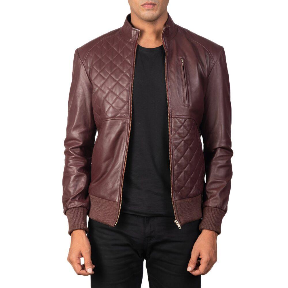 Maroon Moda Leather Bomber Jacket Opened Zip