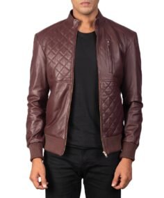 Maroon Moda Leather Bomber Jacket Opened Zip