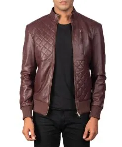 Maroon Moda Leather Bomber Jacket Opened Zip