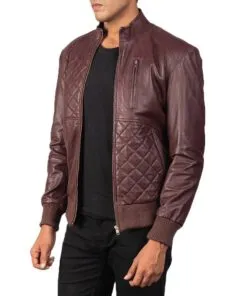 Maroon Moda Leather Bomber Jacket Opened Zip Side Front View