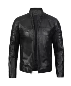 Trendy Mens Classic Black Cafe Racer Leather Jacket