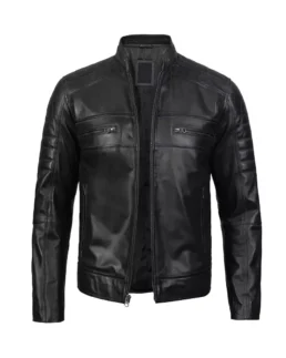 Trendy Mens Classic Black Cafe Racer Leather Jacket