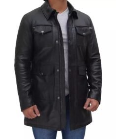 Shirt Collar 3/4 Length Leather Coat Front