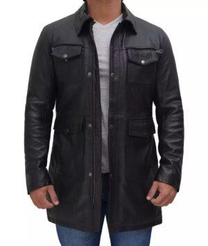 Shirt Collar 3/4 Length Leather Coat