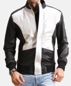 Silver Black Leather Bomber Jacket Front