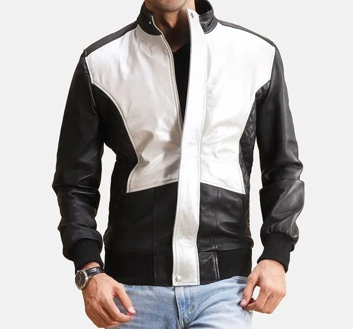 Spade-Leather-Bomber-Jacket-2.Jpg Silver Black Leather Bomber Jacket Front