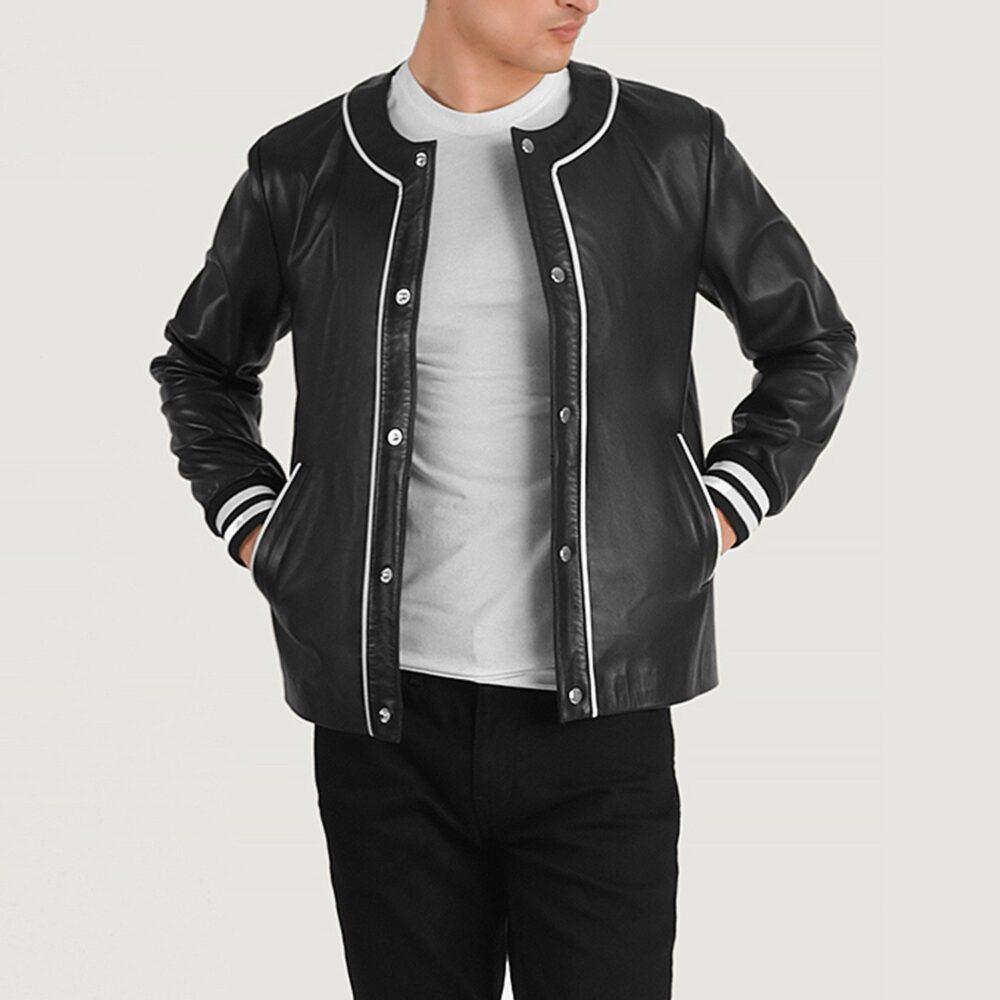 Willis Black Leather Varsity Jacket Front