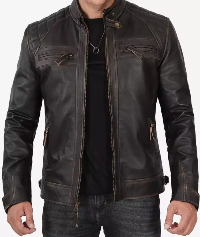Trendy Claude Mens Biker Brown Quilted Distressed Leather Jacket 3