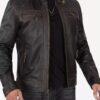 Trendy Claude Mens Biker Brown Quilted Distressed Leather Jacket 4