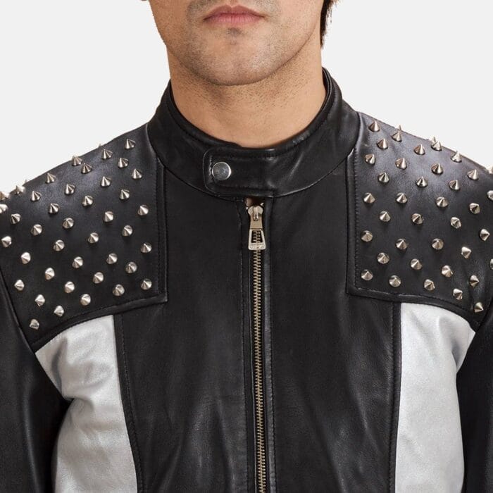 Leather Shapron Studded Biker Jacket Front View Closeup