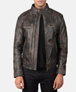 Gatsby Distressed Brown Leather Jacket Open Zip Front View