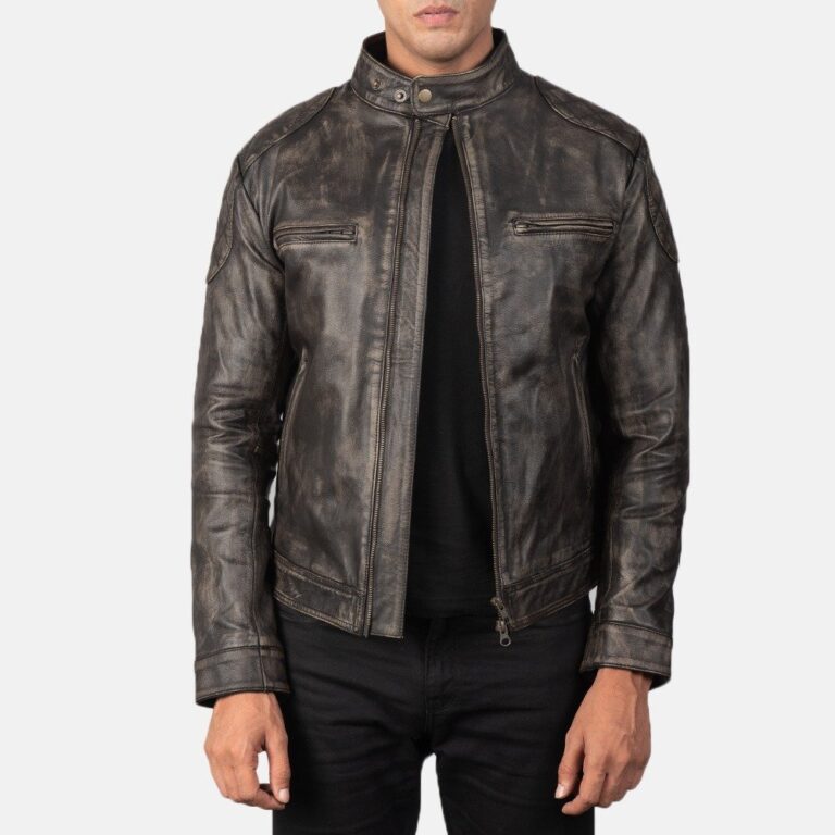 Gatsby Distressed Brown Leather Jacket Open Zip Front View