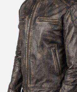 Gatsby Distressed Leather Jacket Zipped Up Side View Closeup