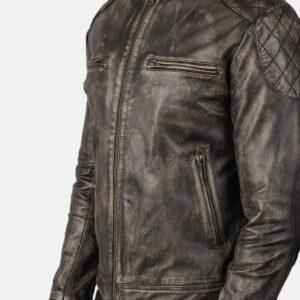 Gatsby Distressed Leather Jacket Zipped Up Side View Closeup