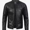 Classic Black Cafe Racer Leather Jacket Front