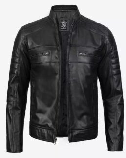 Classic Black Cafe Racer Leather Jacket Front