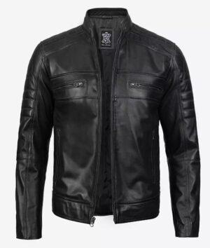 Classic Black Cafe Racer Leather Jacket Front