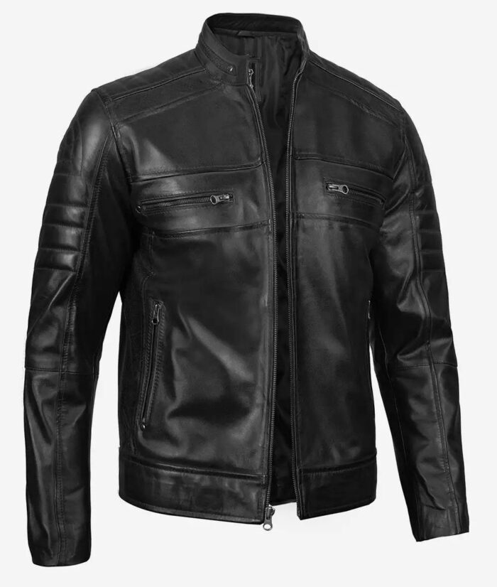 Classic Black Cafe Racer Leather Jacket Side View