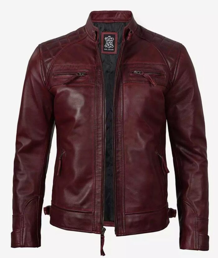 Trendy Mens Real Leather Maroon Biker Jacket