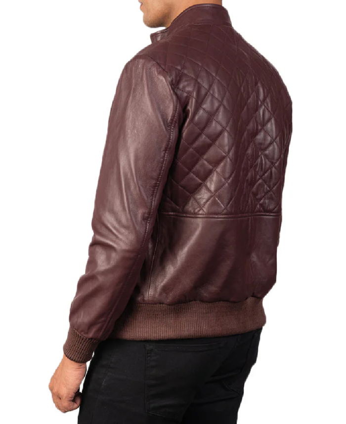 Trendy Moda Maroon Leather Bomber Jacket Back