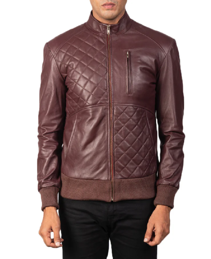 Trendy Moda Maroon Leather Bomber Jacket Front