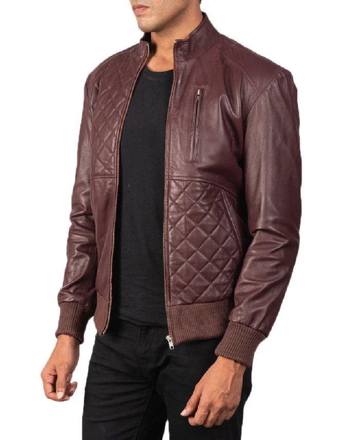 Trendy Moda Maroon Leather Bomber Jacket Side View