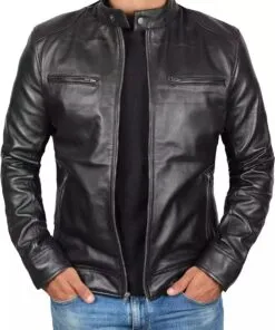 Men's Black Leather Lambskin Cafe Racer Jacket