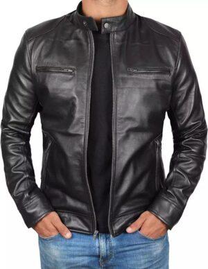 Men's Black Leather Lambskin Cafe Racer Jacket