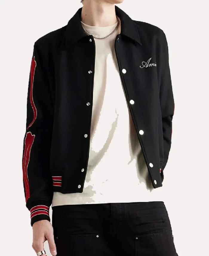 Amiri Bones Varsity Red And Black Jacket Front - Trendy Leather Jackets