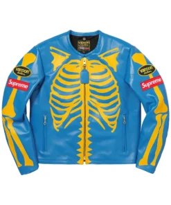 Blue and Yellow Supreme Vanson Leather Bones Biker Jacket - front look