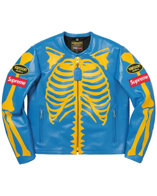 Blue And Yellow Supreme Vanson Leather Bones Biker Jacket - Front Look