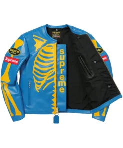 Blue and Yellow Supreme Vanson Leather Bones Biker Jacket - front open look