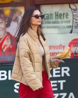 Emily Ratajkowski Cream Puffer Jacket Side