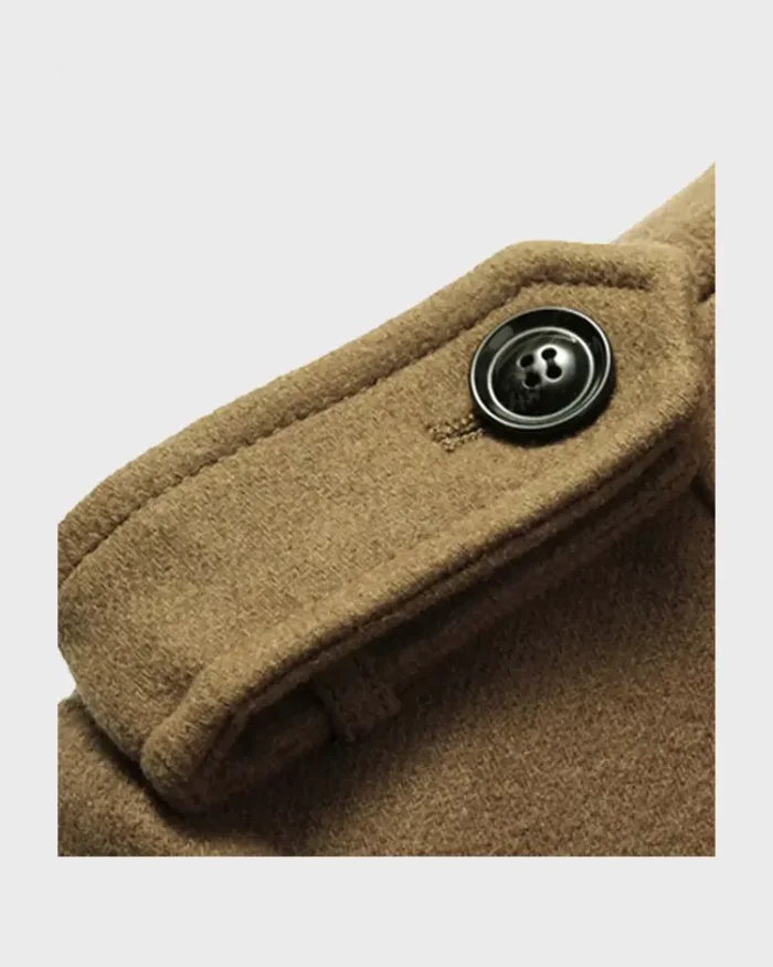 Mens Brown Mid-Length Wool Coat Button Closure