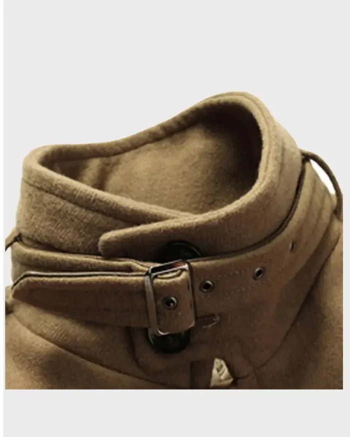 Mens Brown Mid-Length Wool Coat Collar Closure