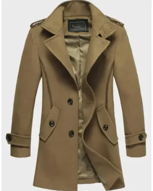 Mens Brown Mid-Length Wool Coat Front