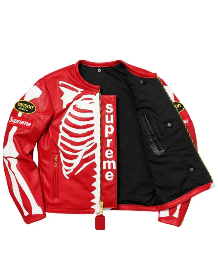 Red Supreme Vanson Leather Bones Jacket Inside View