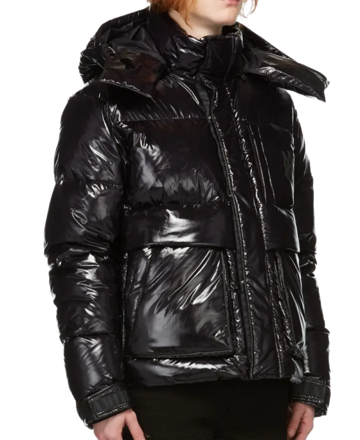 Shiny Hooded Puffer Jacket Side View - Trendy leather Jackets