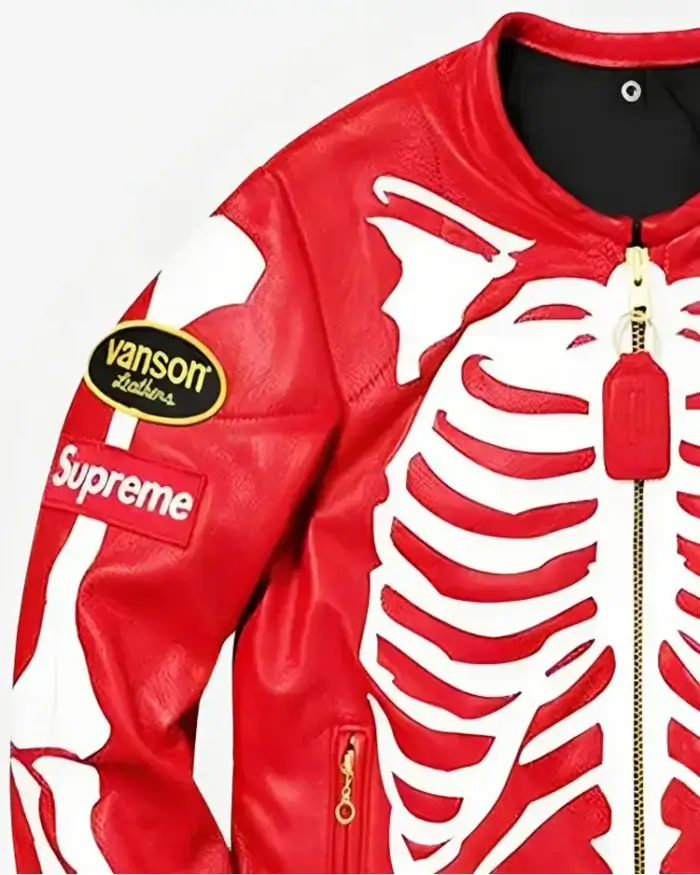 Supreme Skeleton Red Vanson Biker Jacket - Front Right Side Closeup