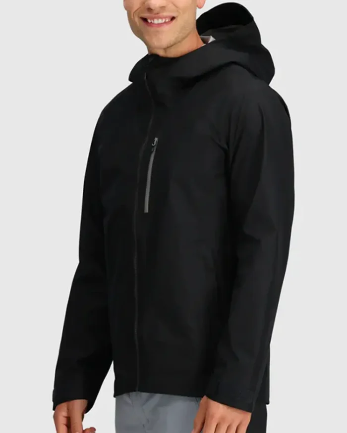 Black Hooded Stretch Rain Jacket Front Side