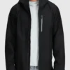 Black Hooded Stretch Rain Jacket Front Zip Open