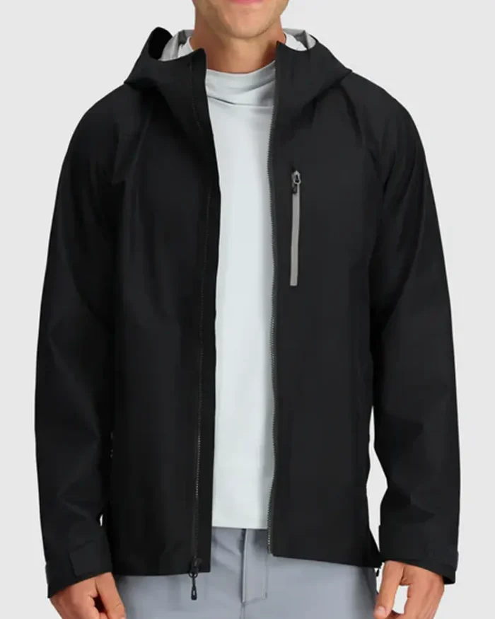 Black Hooded Stretch Rain Jacket Front Zip Open