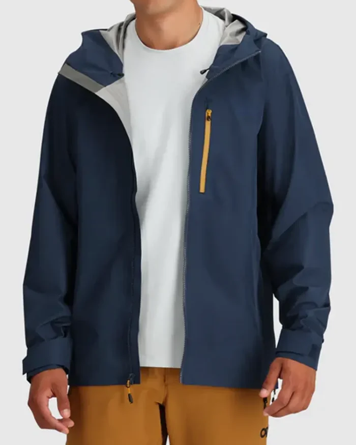 Blue Hooded Stretch Rain Jacket Front Zip Open