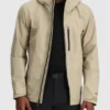 Khaki Hooded Stretch Rain Jacket Front Zip Open