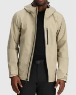 Khaki Hooded Stretch Rain Jacket Front Zip Open