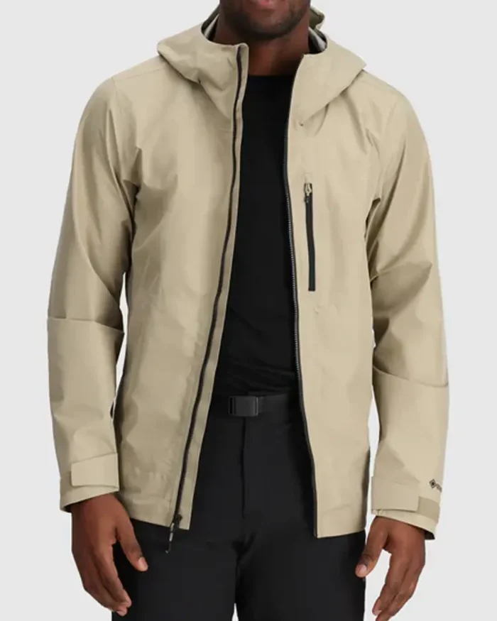 Khaki Hooded Stretch Rain Jacket Front Zip Open