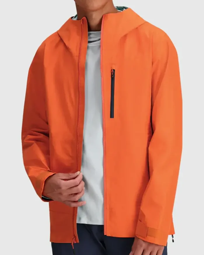 Orange Hooded Stretch Rain Jacket Front Zip Open