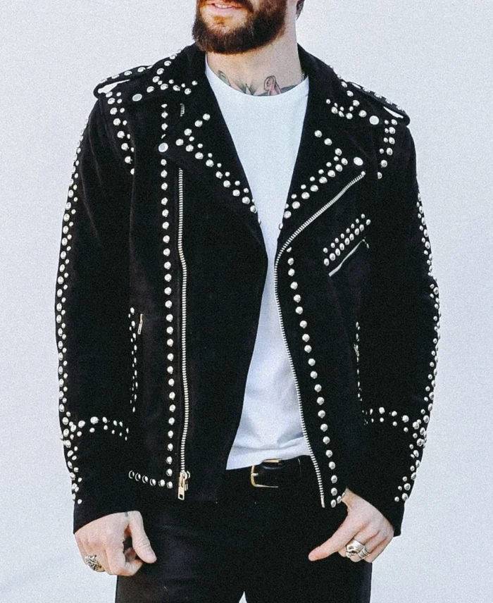 Snl Ryan Gosling Black Studded Leather Jacket Front View - Trendy Leather Jackets