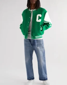 celine homme wool blend varsity jacket green front