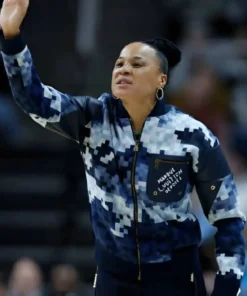dawn staley blue camo bomber jacket front